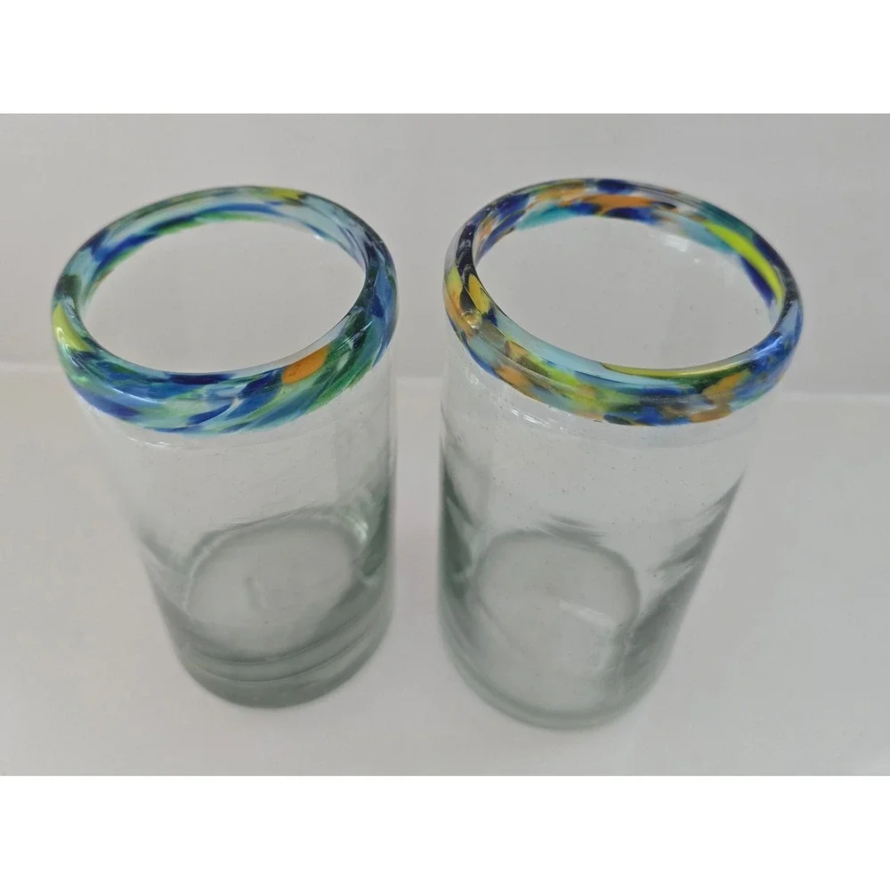 Mexican Hand Blown‎ Highball Glasses Confetti Swirl Rim Recycled Glass Set of 2